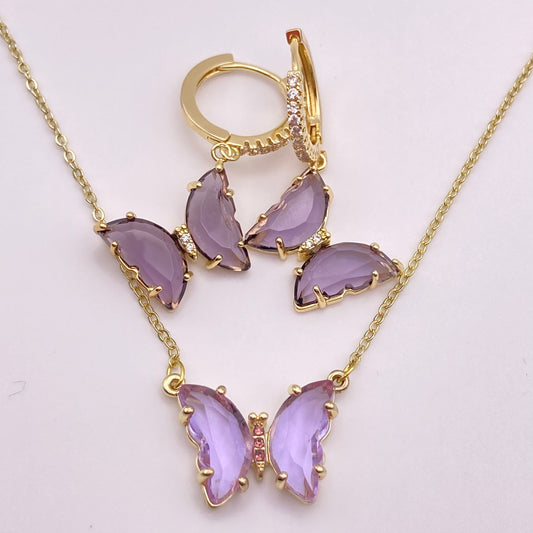 Violet Butterfly Earrings and Necklace Set